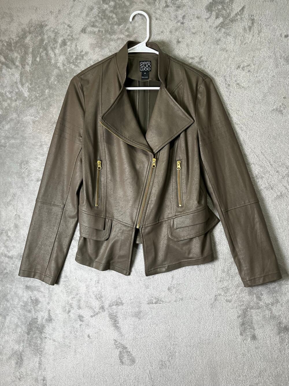 Clara Sunwoo Liquid Leather Moto Jacket Taupe Edgy Biker Chic Quiet Luxury